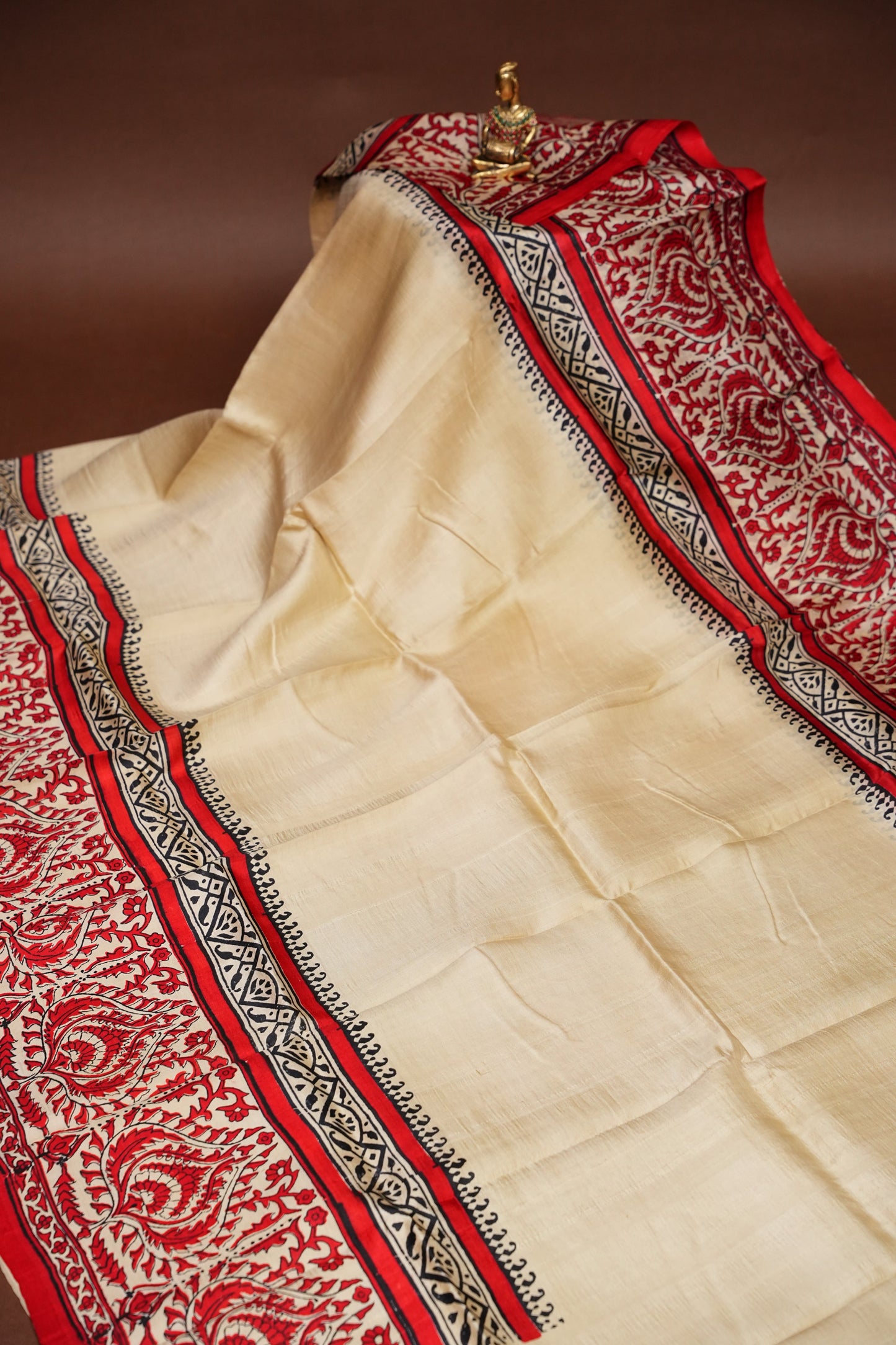 Purely Handpainted Classic On Pure Tussar Silk Saree - Beige with Red|Silk Mark Certified