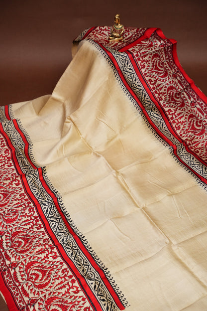 Purely Handpainted Classic On Pure Tussar Silk Saree - Beige with Red|Silk Mark Certified