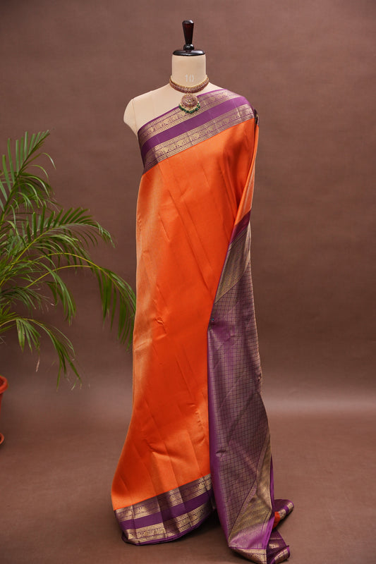 Vibrant Orange & Royal Purple Pure Kanchipuram Silk Saree | Silk Mark Certified