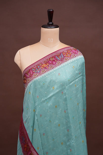 Tussar Banarasi Raw Silk Saree with Floral Paithani Weaves – Mint Green & Wine
