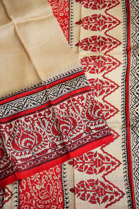 Purely Handpainted Classic On Pure Tussar Silk Saree - Beige with Red|Silk Mark Certified