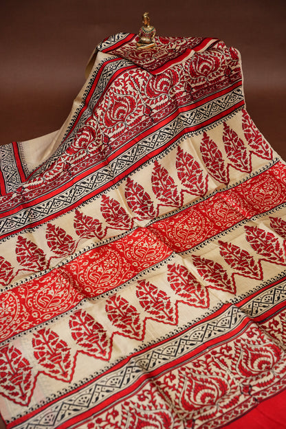 Purely Handpainted Classic On Pure Tussar Silk Saree - Beige with Red|Silk Mark Certified