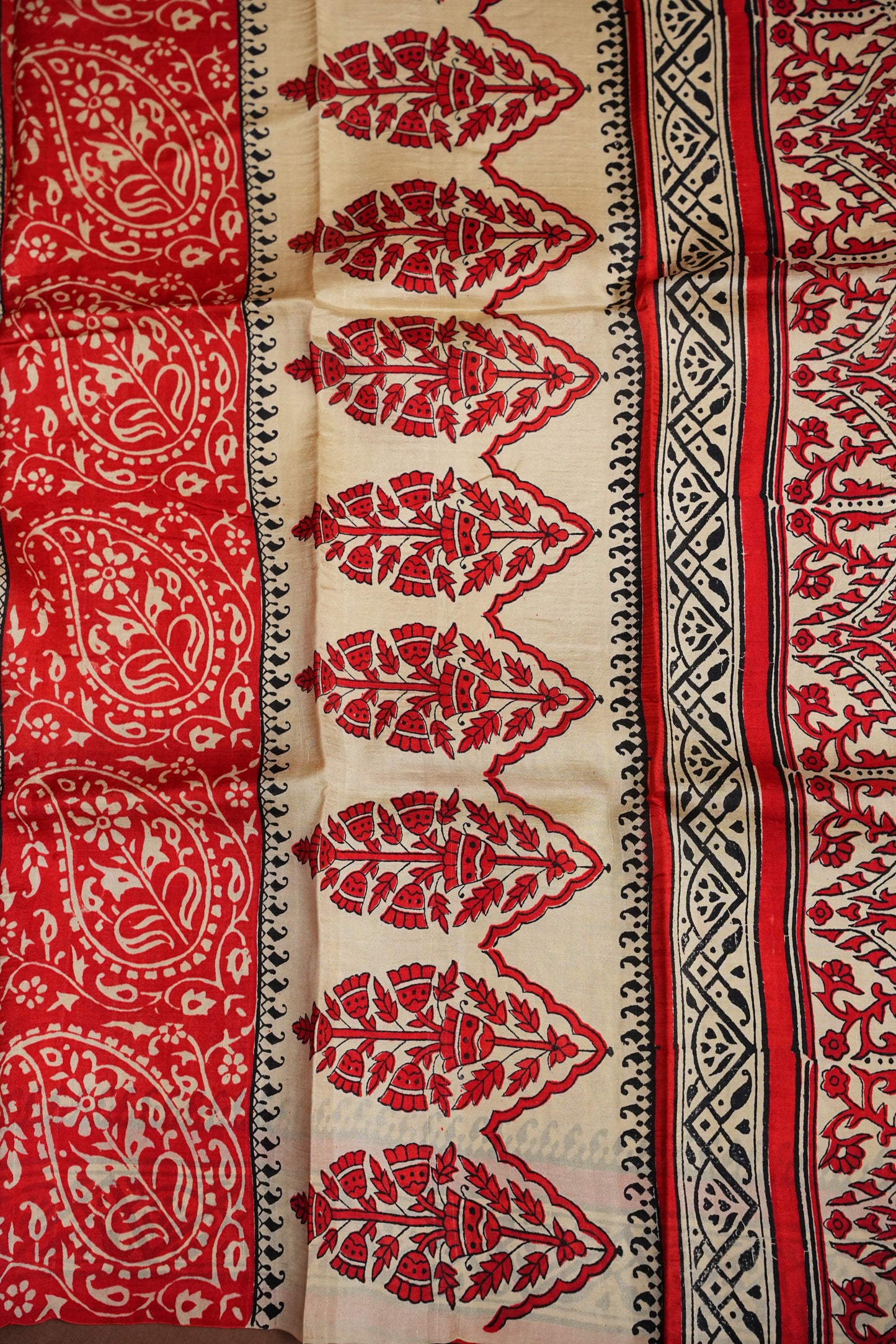 Purely Handpainted Classic On Pure Tussar Silk Saree - Beige with Red|Silk Mark Certified