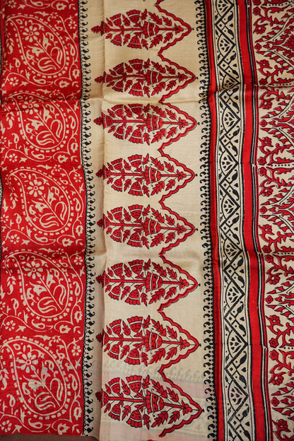 Purely Handpainted Classic On Pure Tussar Silk Saree - Beige with Red|Silk Mark Certified