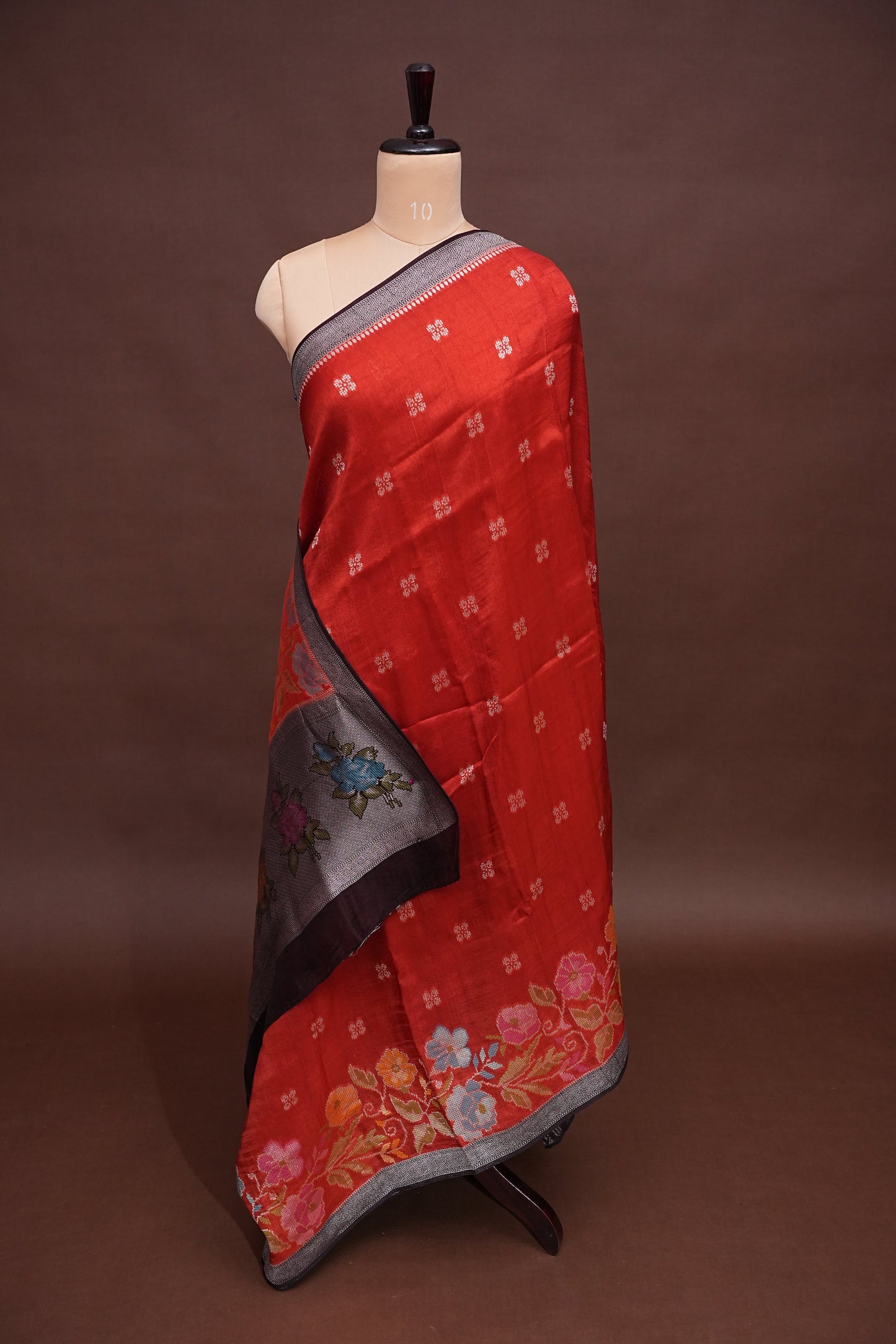 Tussar Banarasi Raw Silk Saree with Floral Paithani Weaves – Burnt Orange & Black
