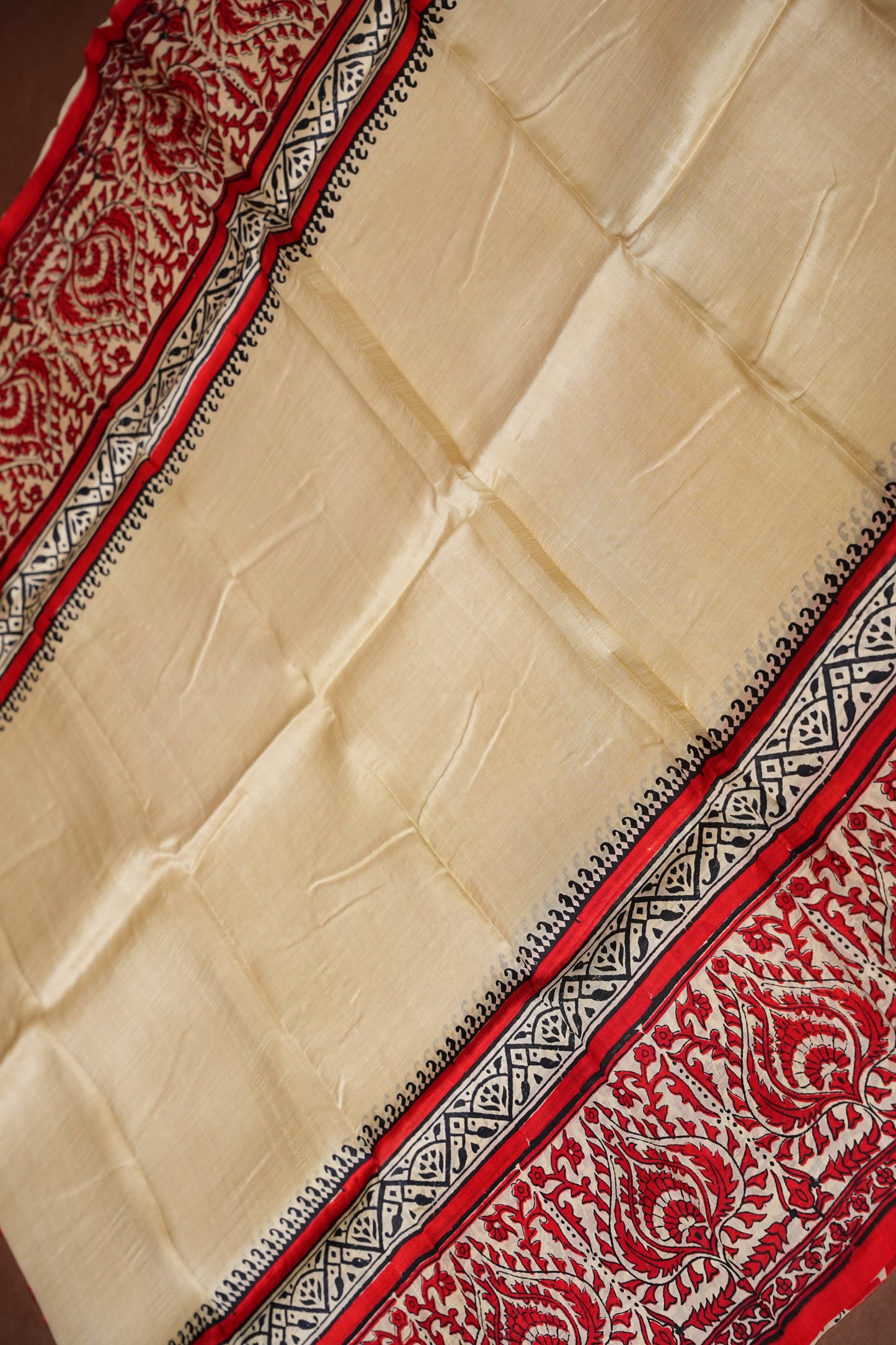 Purely Handpainted Classic On Pure Tussar Silk Saree - Beige with Red|Silk Mark Certified