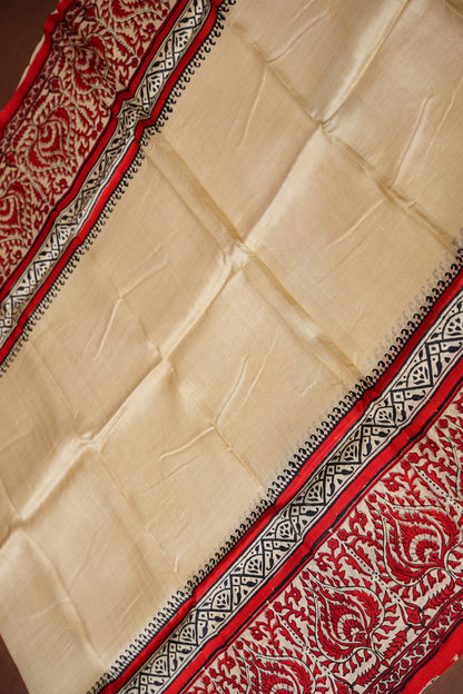 Purely Handpainted Classic On Pure Tussar Silk Saree - Beige with Red|Silk Mark Certified