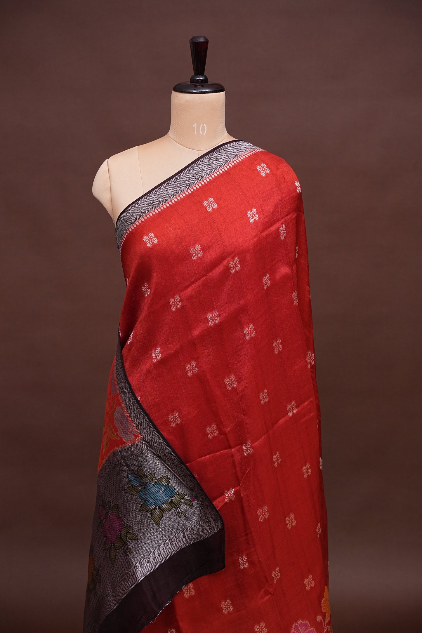 Tussar Banarasi Raw Silk Saree with Floral Paithani Weaves – Burnt Orange & Black