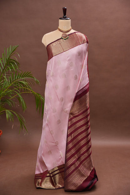 Baby Pink & Wine Pure Kanchipuram Silk Saree | Silk Mark Certified