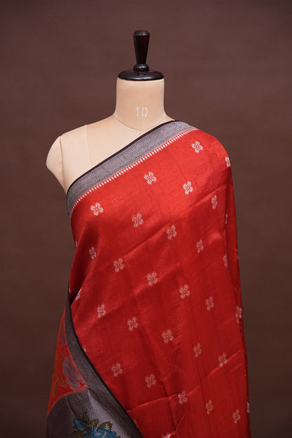 Tussar Banarasi Raw Silk Saree with Floral Paithani Weaves – Burnt Orange & Black