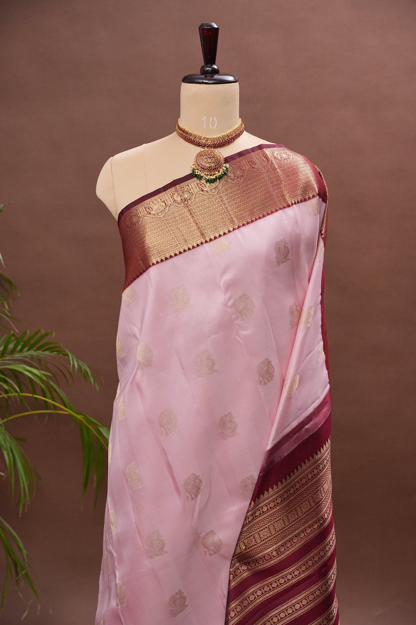 Baby Pink & Wine Pure Kanchipuram Silk Saree | Silk Mark Certified