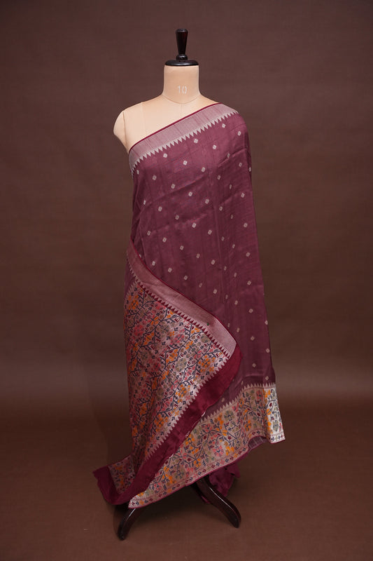 Tussar Banarasi Raw Silk Saree with Floral Paithani Weaves – Mauve Pink & Wine Border