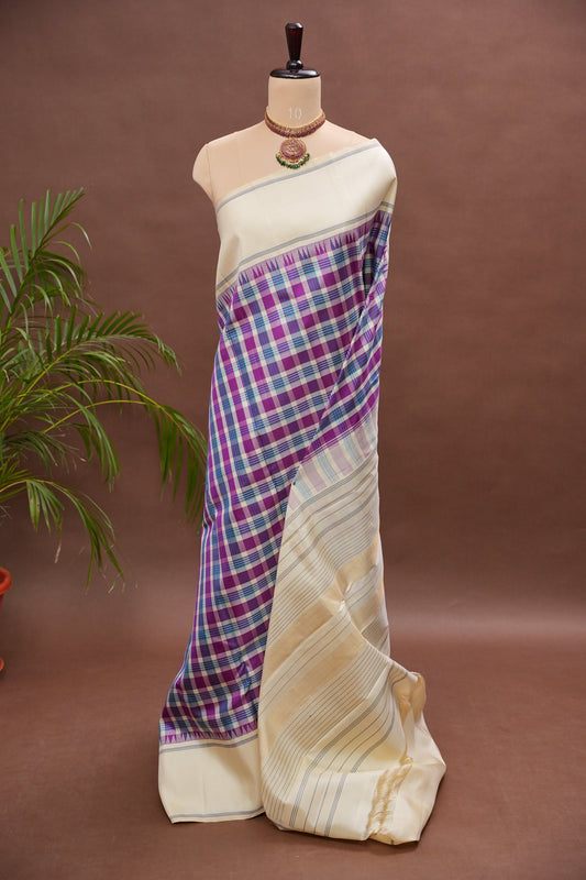 Purple Checks & Off-White Pure Kanchipuram Silk Saree | Silk Mark Certified