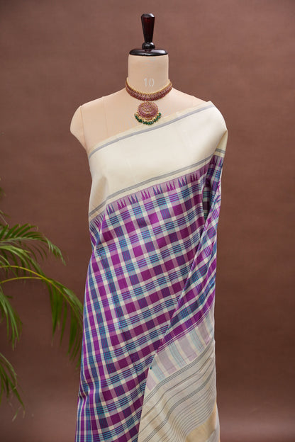 Purple Checks & Off-White Pure Kanchipuram Silk Saree | Silk Mark Certified