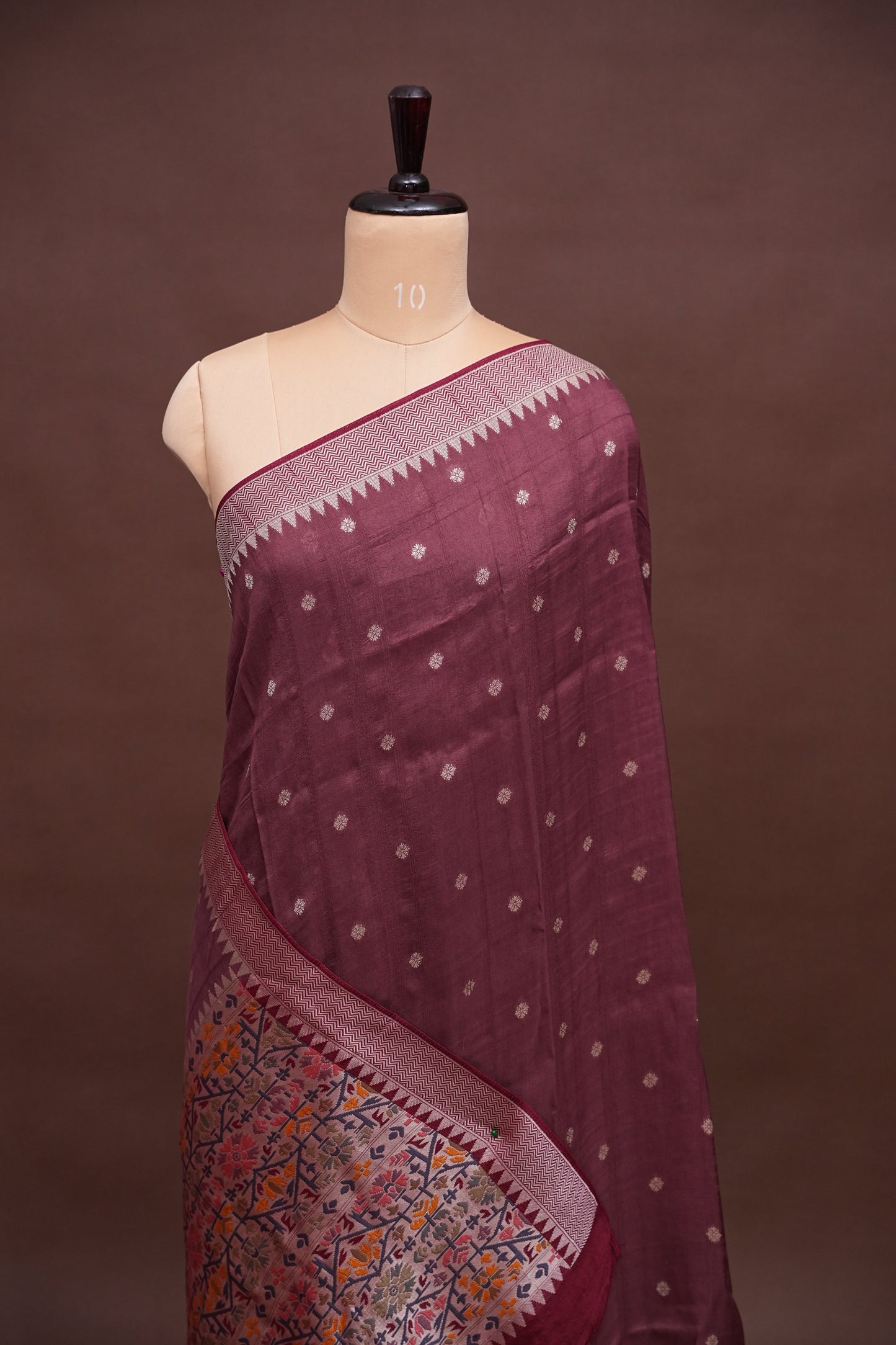 Tussar Banarasi Raw Silk Saree with Floral Paithani Weaves – Mauve Pink & Wine Border