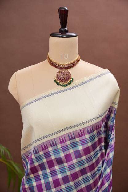 Purple Checks & Off-White Pure Kanchipuram Silk Saree | Silk Mark Certified