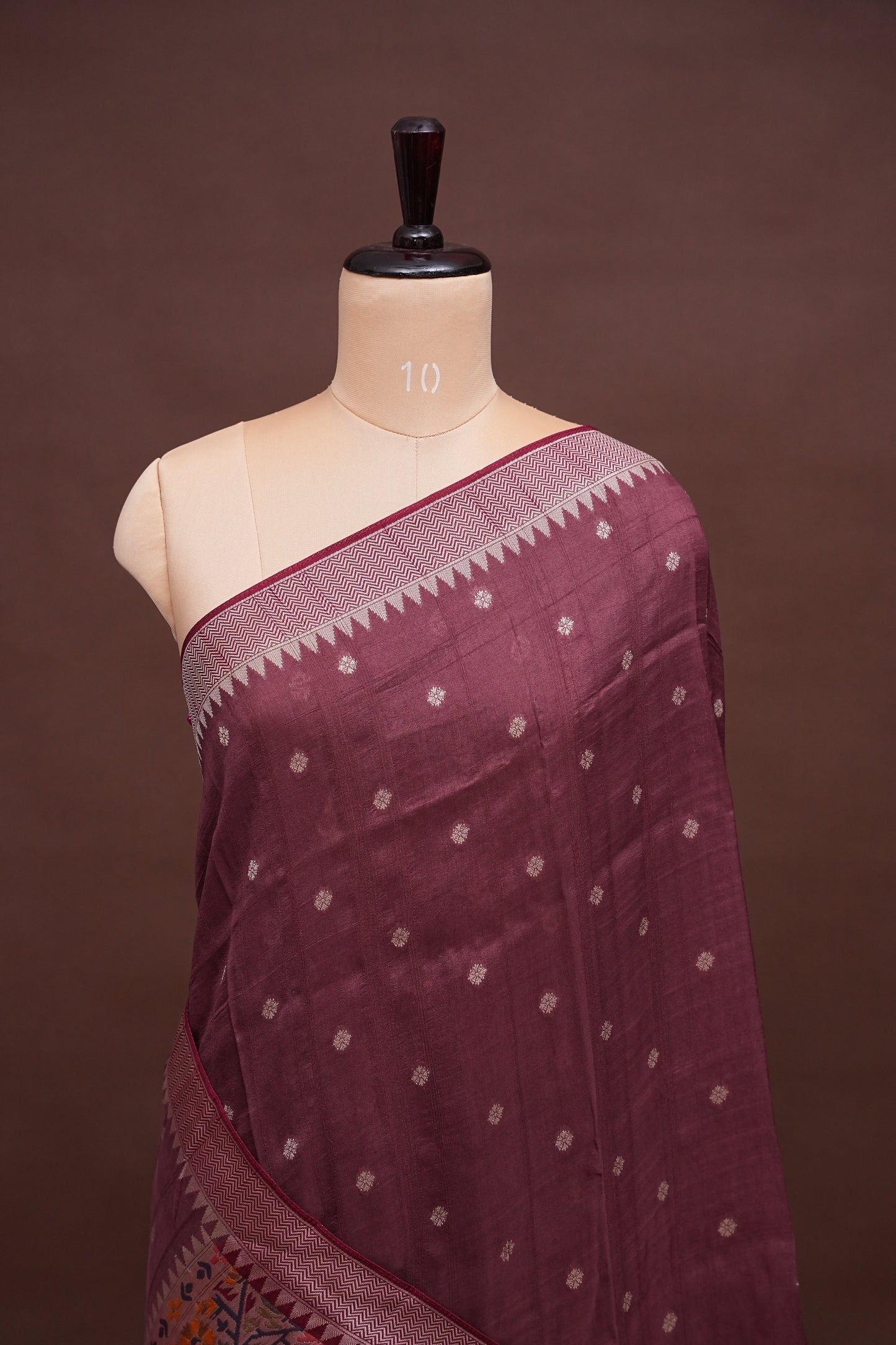 Tussar Banarasi Raw Silk Saree with Floral Paithani Weaves – Mauve Pink & Wine Border