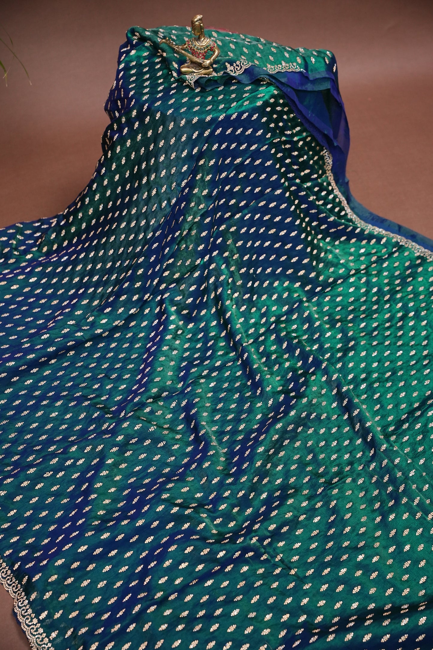 Dual Tone Peacock Blue & Emerald Green Party Wear Saree with Gold Stone Butta Work