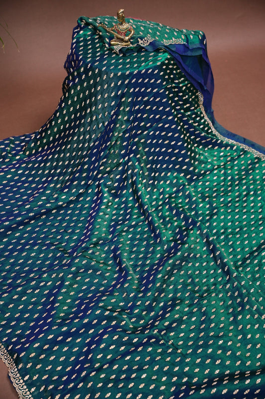 Dual Tone Peacock Blue & Emerald Green Party Wear Saree with Gold Stone Butta Work