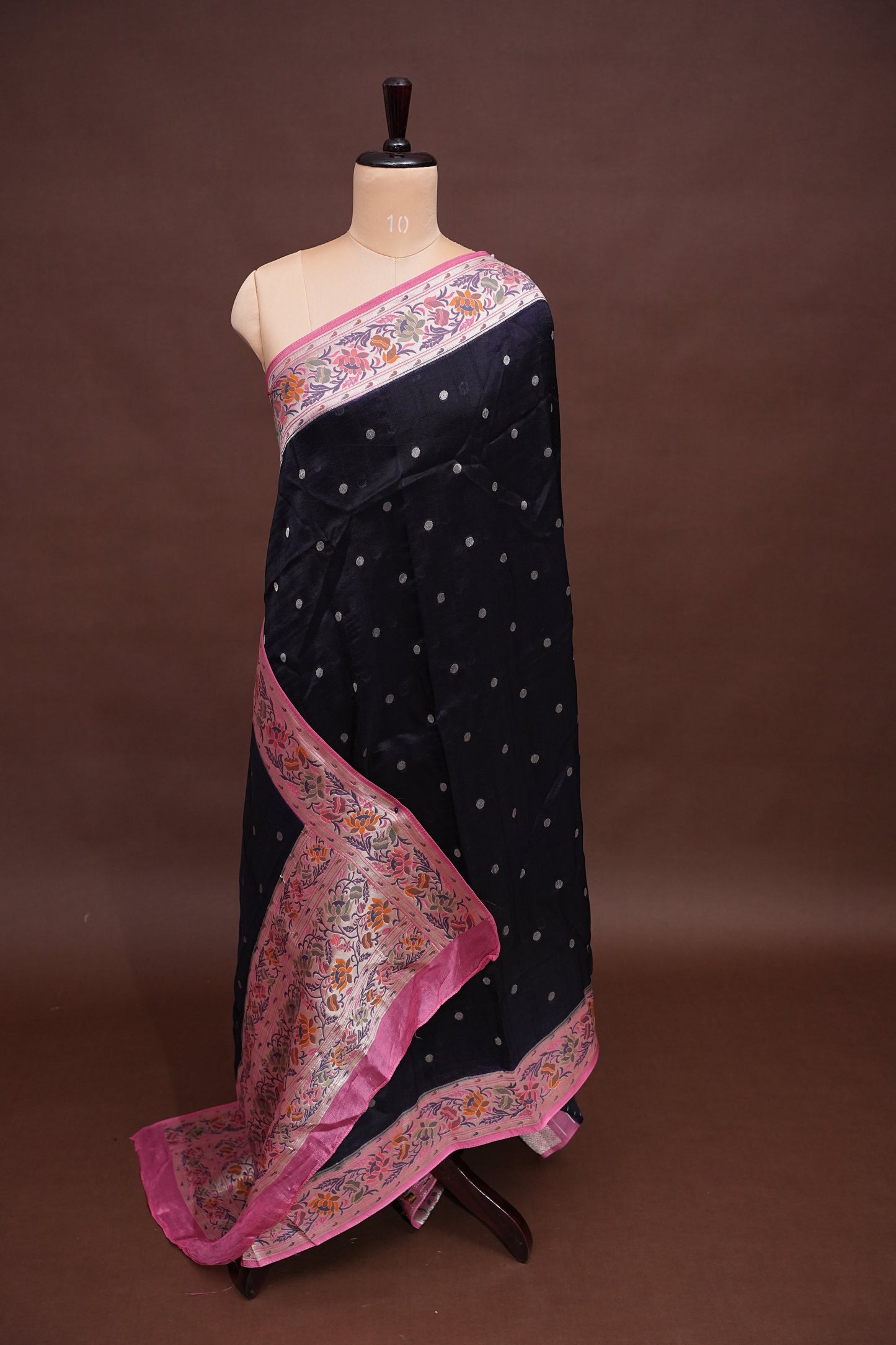 Tussar Banarasi Raw Silk Saree with Floral Paithani Weaves – Black & Pink