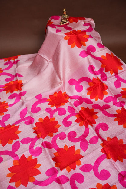 Purely Handpainted Floral On Pure Tussar Silk Saree- Baby Pink & Dark Pink|Silk Mark Certified
