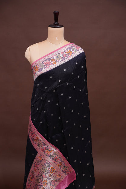 Tussar Banarasi Raw Silk Saree with Floral Paithani Weaves – Black & Pink