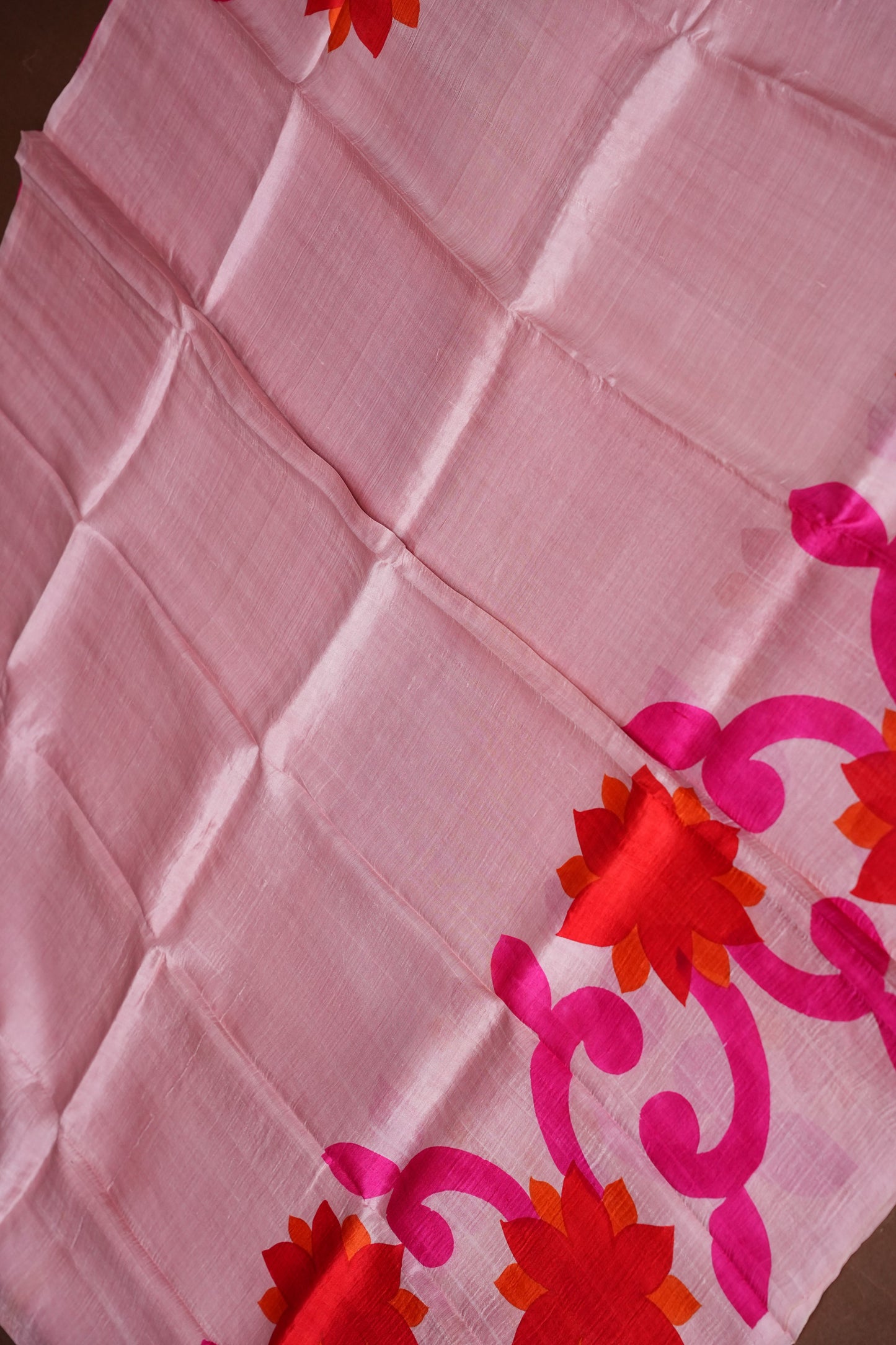 Purely Handpainted Floral On Pure Tussar Silk Saree- Baby Pink & Dark Pink|Silk Mark Certified