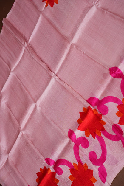 Purely Handpainted Floral On Pure Tussar Silk Saree- Baby Pink & Dark Pink|Silk Mark Certified