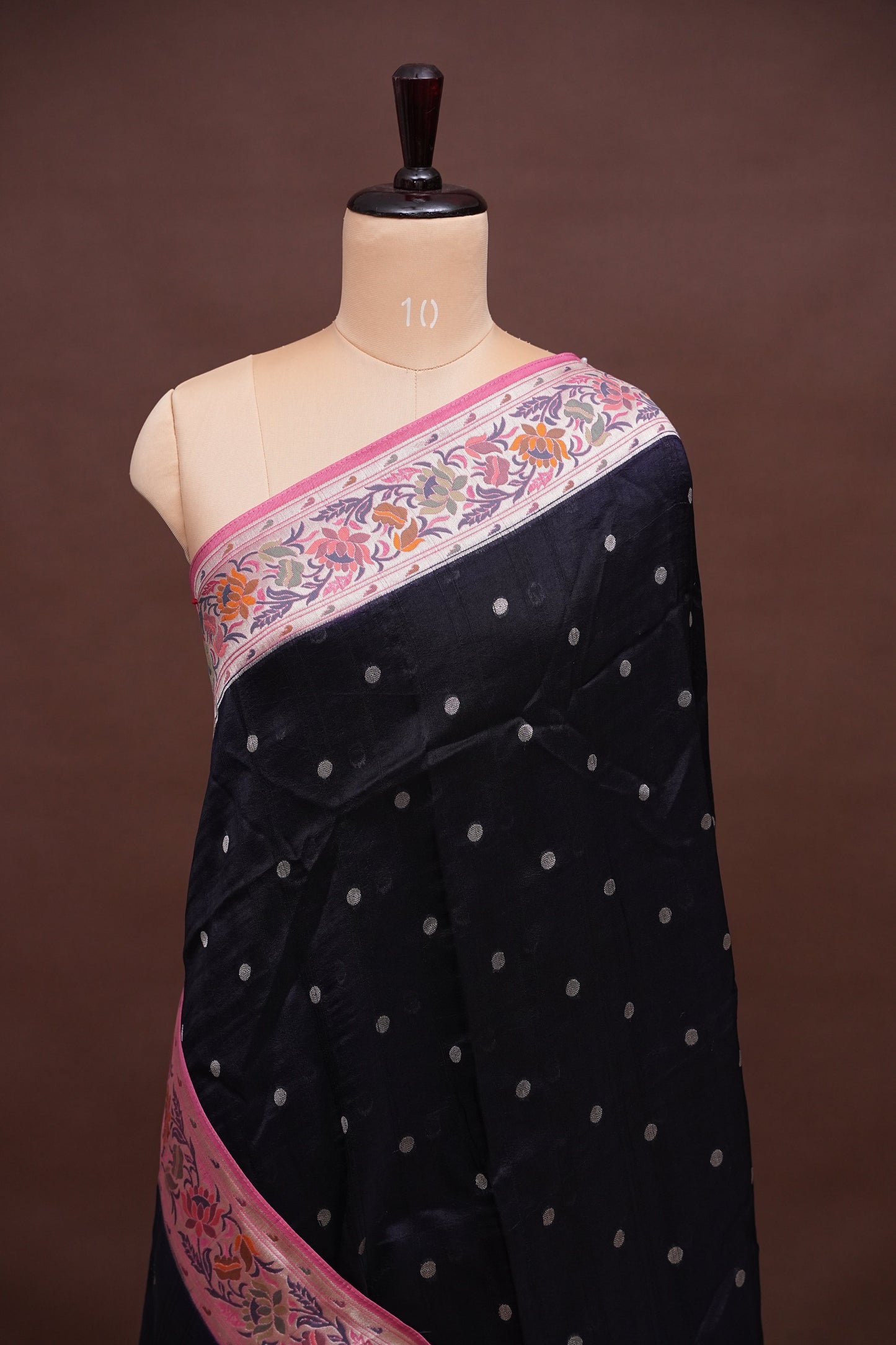 Tussar Banarasi Raw Silk Saree with Floral Paithani Weaves – Black & Pink