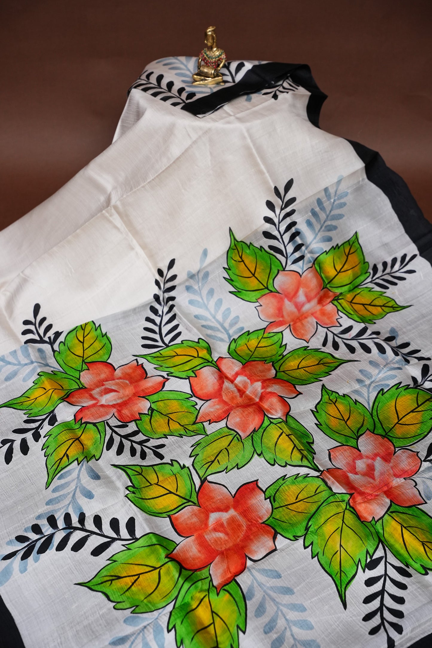 Purely Handpainted Floral On Pure Tussar Silk Saree - White & Black|Silk Mark Certified