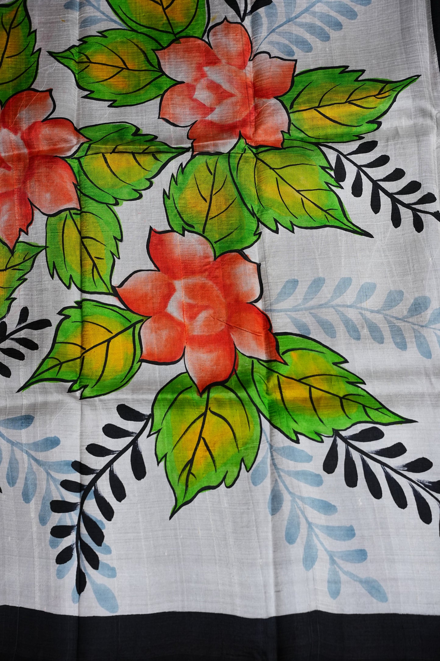 Purely Handpainted Floral On Pure Tussar Silk Saree - White & Black|Silk Mark Certified