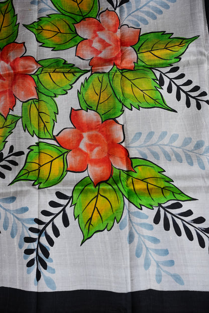 Purely Handpainted Floral On Pure Tussar Silk Saree - White & Black|Silk Mark Certified