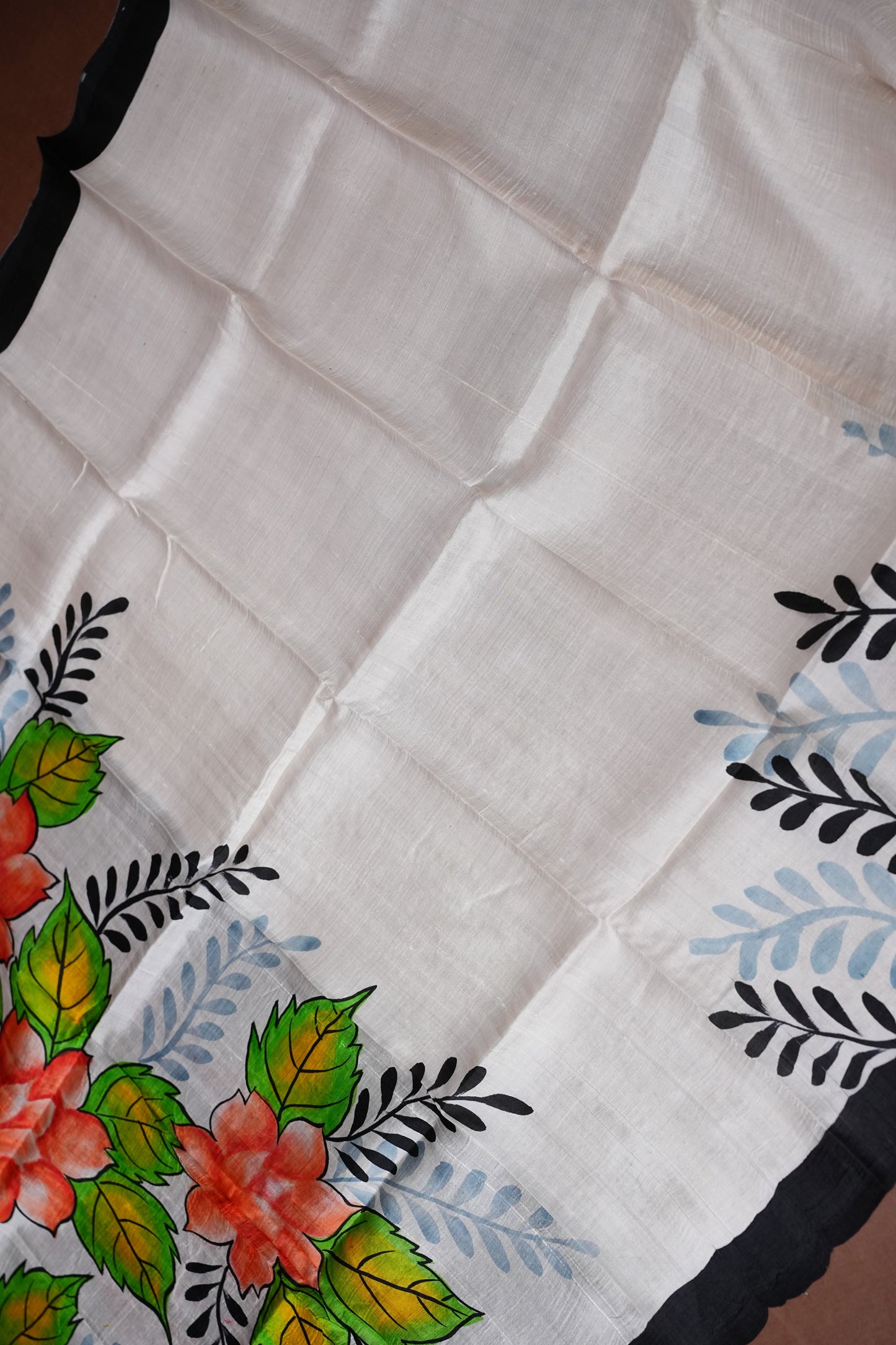 Purely Handpainted Floral On Pure Tussar Silk Saree - White & Black|Silk Mark Certified