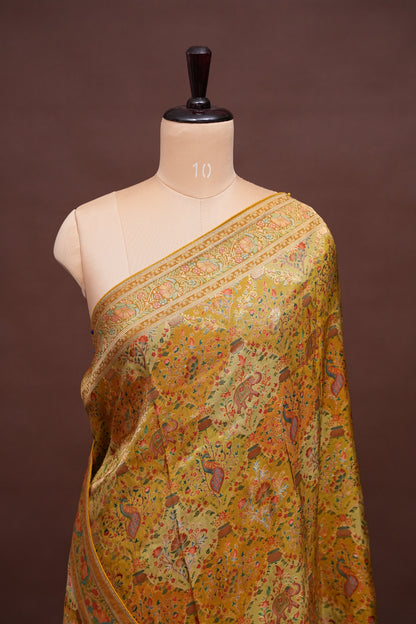 Kashmiri Pashmina Mellow Tissue Banarasi Saree - Yellow Gold