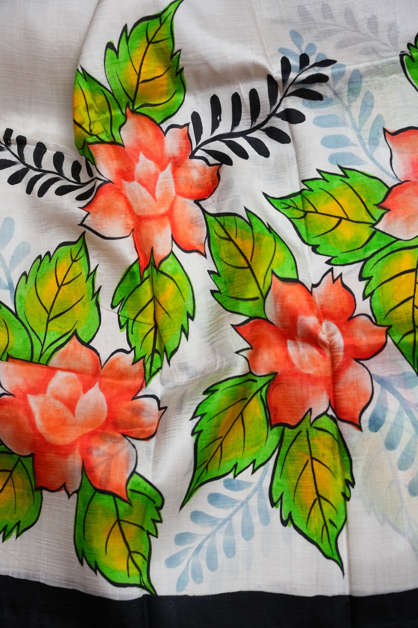 Purely Handpainted Floral On Pure Tussar Silk Saree - White & Black|Silk Mark Certified