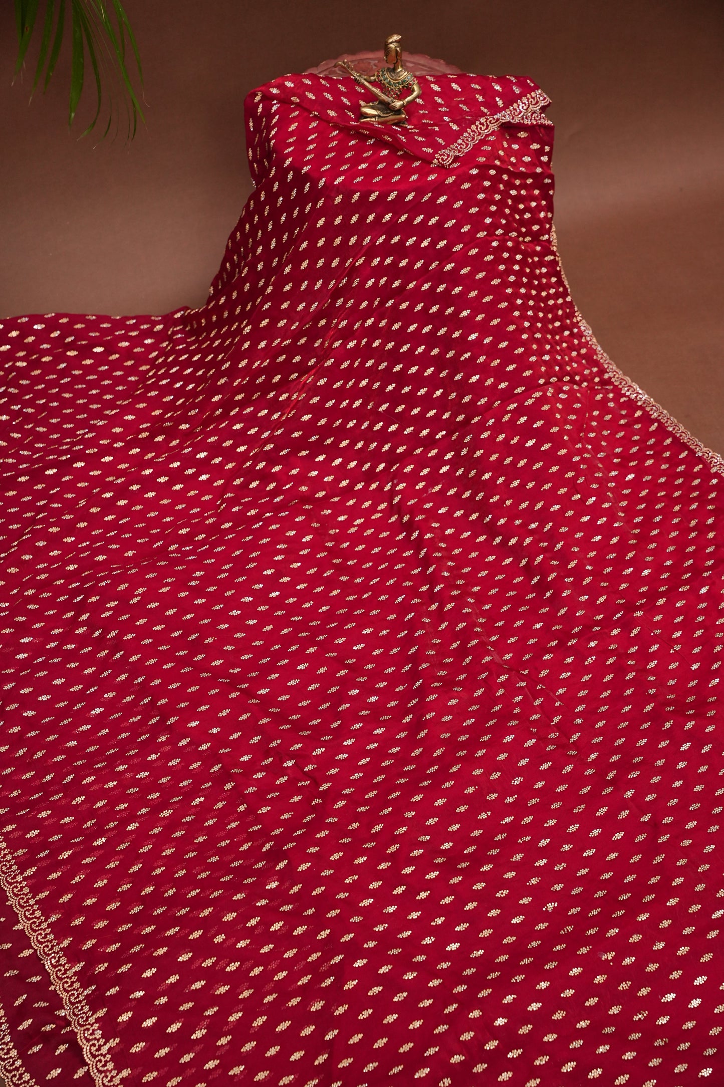 Ruby Red Party Wear Saree with Gold Butta & Embellished Border