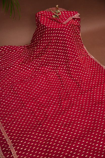 Ruby Red Party Wear Saree with Gold Butta & Embellished Border