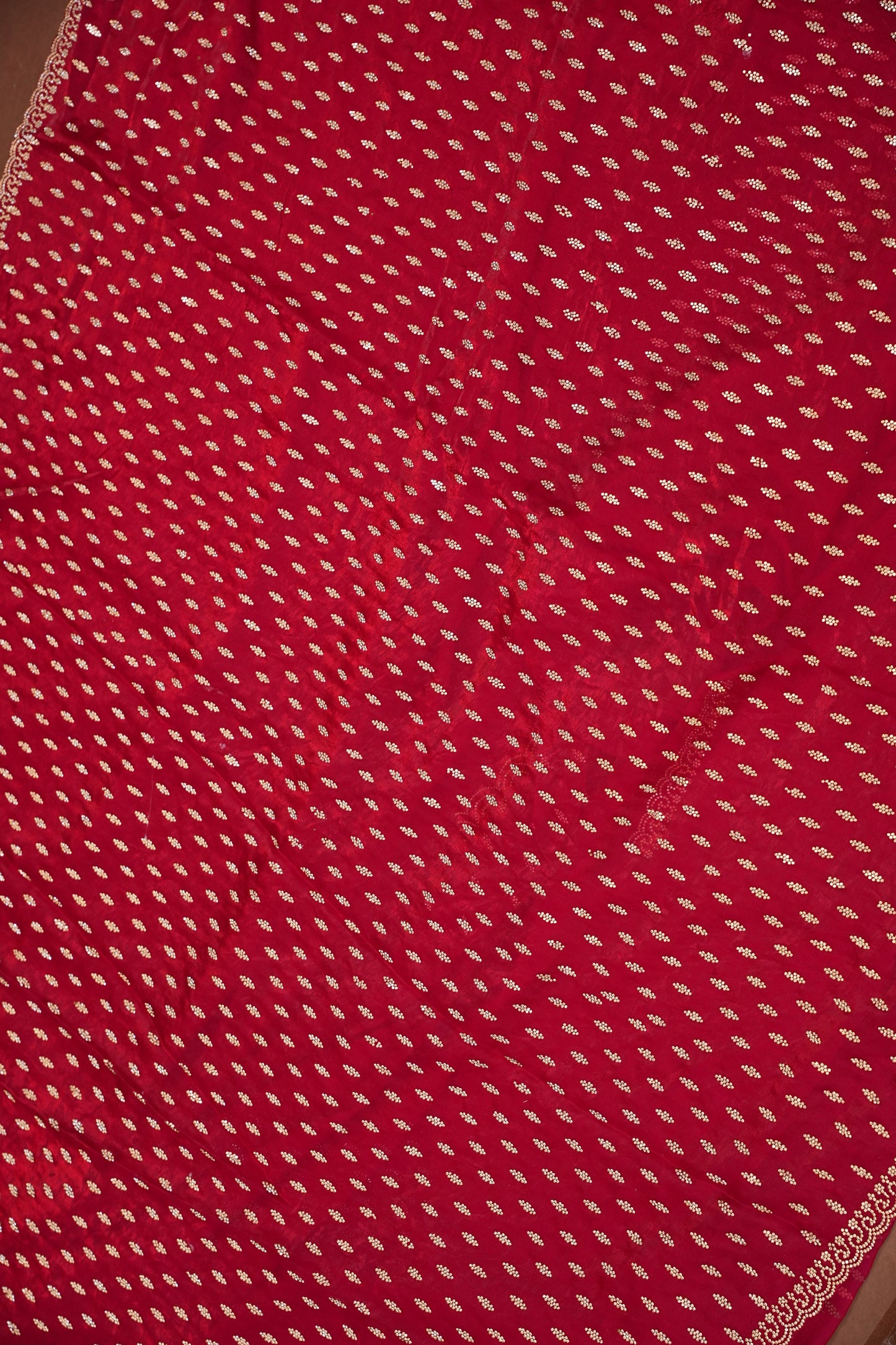 Ruby Red Party Wear Saree with Gold Butta & Embellished Border