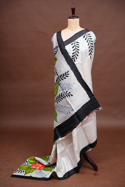 Purely Handpainted Floral On Pure Tussar Silk Saree - White & Black|Silk Mark Certified