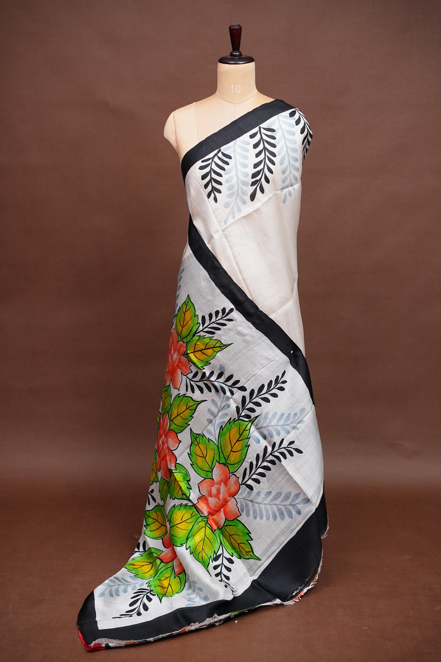 Purely Handpainted Floral On Pure Tussar Silk Saree - White & Black|Silk Mark Certified