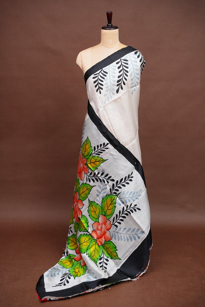 Purely Handpainted Floral On Pure Tussar Silk Saree - White & Black|Silk Mark Certified