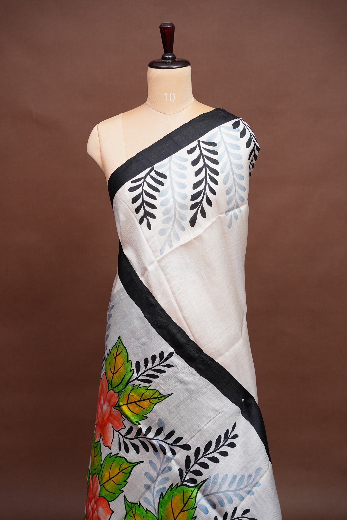 Purely Handpainted Floral On Pure Tussar Silk Saree - White & Black|Silk Mark Certified