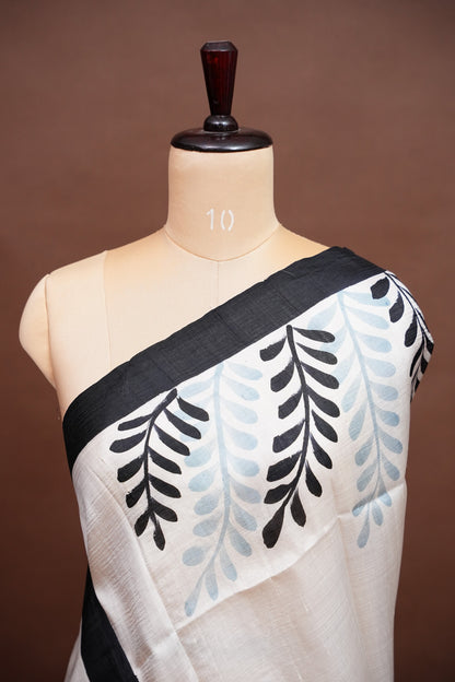 Purely Handpainted Floral On Pure Tussar Silk Saree - White & Black|Silk Mark Certified