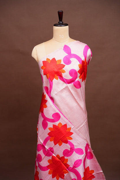 Purely Handpainted Floral On Pure Tussar Silk Saree- Baby Pink & Dark Pink|Silk Mark Certified