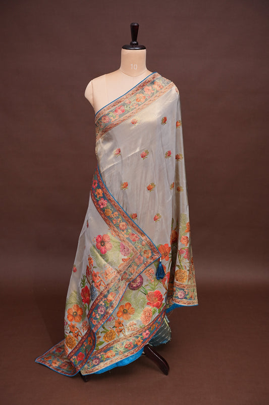 Kashmiri Pashmina Mellow Tissue Banarasi Saree - Cool Blue