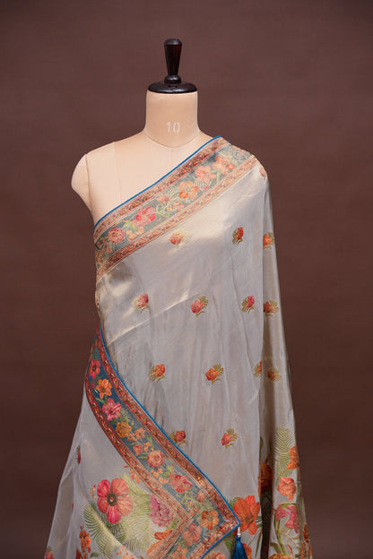 Kashmiri Pashmina Mellow Tissue Banarasi Saree - Cool Blue