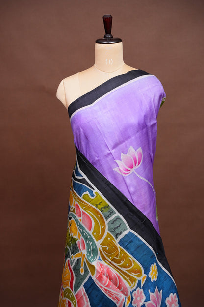 Purely Handpainted Batik Floral On Pure Tussar Silk Saree - Lavender|Silk Mark Certified