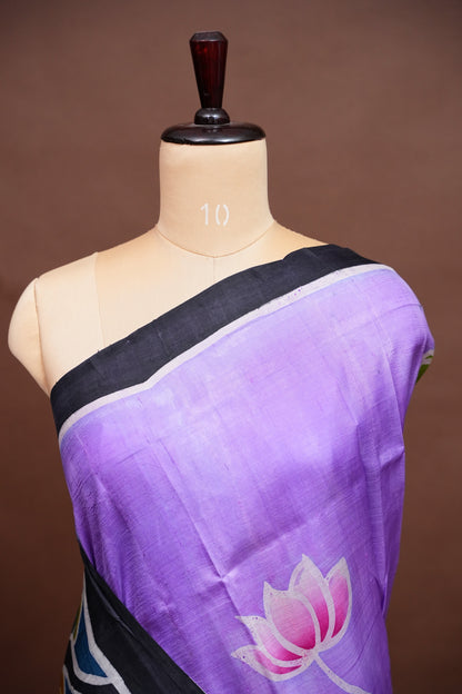 Purely Handpainted Batik Floral On Pure Tussar Silk Saree - Lavender|Silk Mark Certified