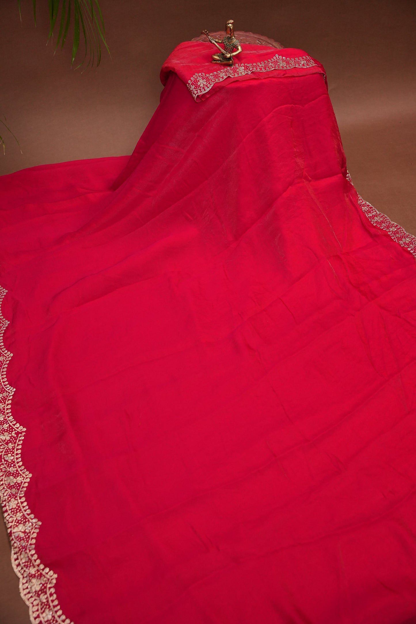 Rani Pink Party Wear Saree with Hand Embellished Scalloped Border