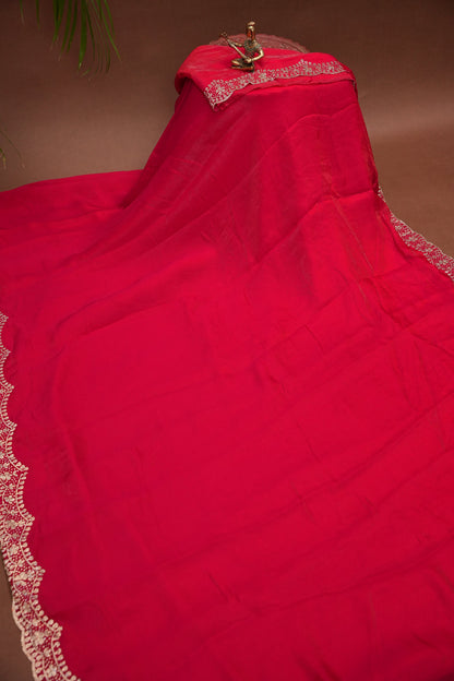 Rani Pink Party Wear Saree with Hand Embellished Scalloped Border